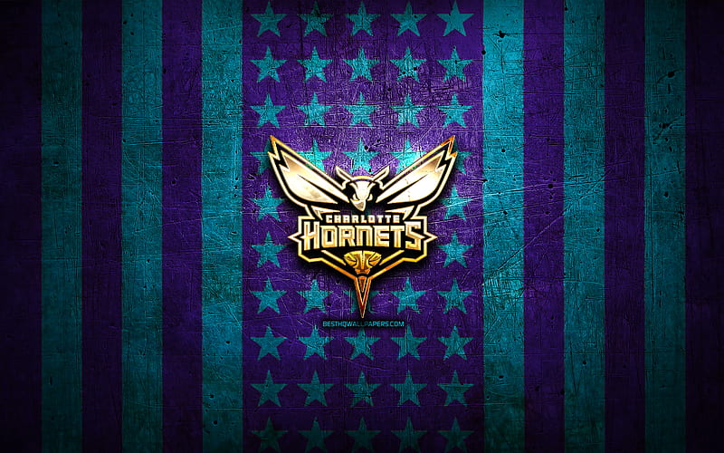 Charlotte Hornets flag, NBA, blue violet metal background, american basketball club, Charlotte Hornets logo, USA, basketball, golden logo, Charlotte Hornets, HD wallpaper