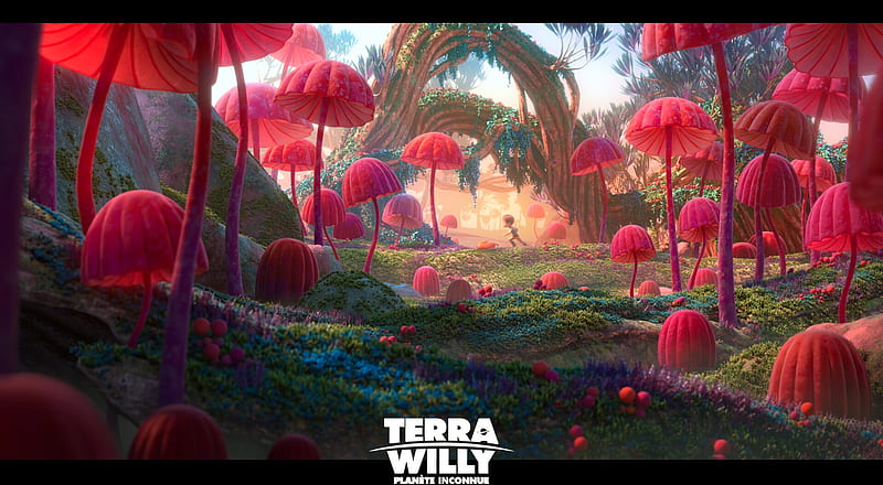 Fantasy world, pink, terra willy, world, remy vignaud, fantasy, luminos, mushroom, HD wallpaper