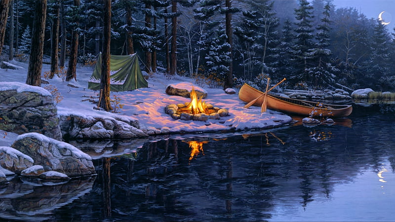 campfire, painting, fire, river, winter, HD wallpaper