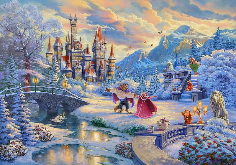 Beauty & the Beast's Winter Enchantment, Christmas, Disney, holidays, Christmas Tree, bridges, love four seasons, winter, xmas and new year, paintings, snow, mountains, castle, HD wallpaper