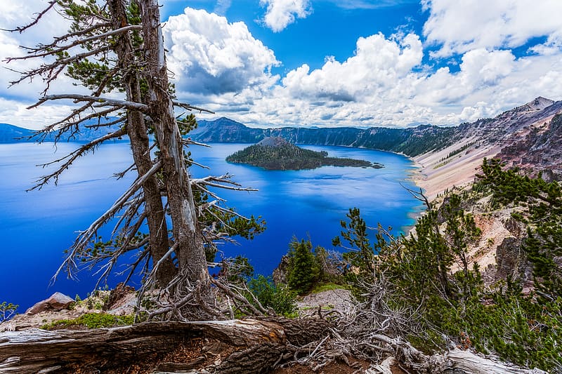 Mountain, Lake, Forest, , Island, Cloud, Crater Lake, Crater Lake National Park, HD wallpaper