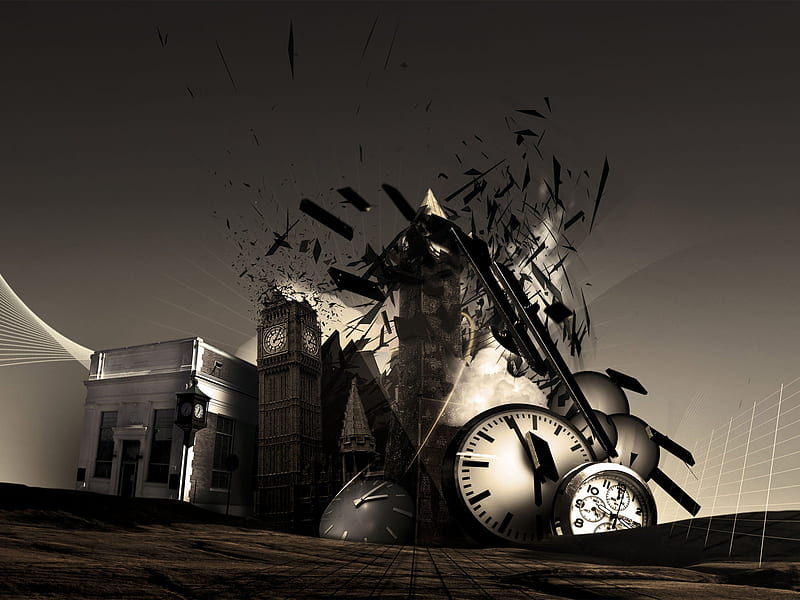 Abstract collapse, building, 3d, cg, clock, abstract, wall, collapse, HD wallpaper