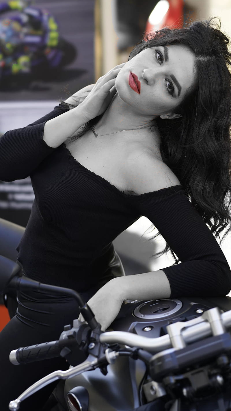 Mood, black and white, bonito, bike, black and white, girl, motor, motorcycle, pretty, red lips, HD phone wallpaper