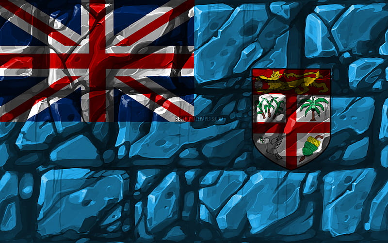 Fiji flag, brickwall Oceanian countries, national symbols, Flag of Fiji, creative, Fiji, Oceania, Fiji 3D flag, HD wallpaper