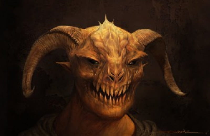 Evil monster, ears, goat, horned, teeth, HD wallpaper