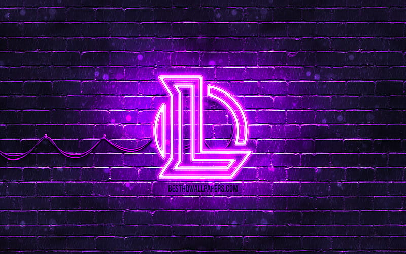 League of Legends violet logo, LoL violet brickwall, League of Legends logo, 2020 games, League of Legends neon logo, League of Legends, LoL logo, HD wallpaper