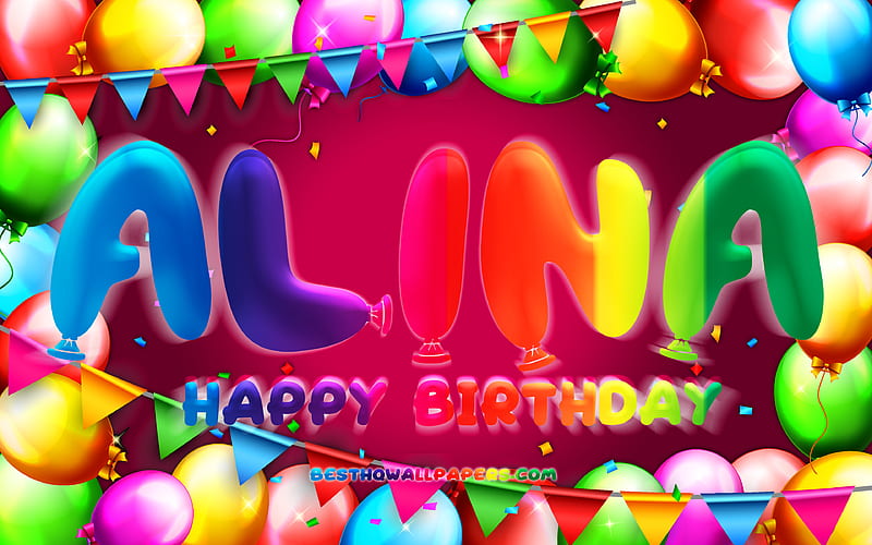 Happy Birtay Alina colorful balloon frame, Alina name, purple background, Alina Happy Birtay, Alina Birtay, popular german female names, Birtay concept, Alina, HD wallpaper