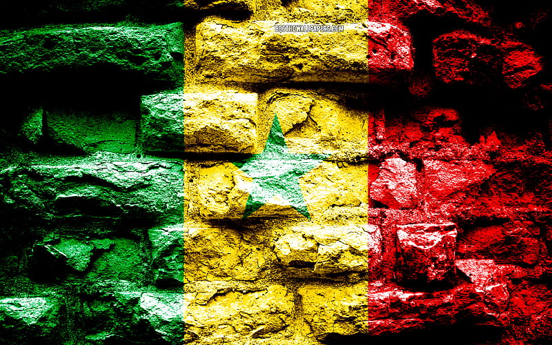 Senegal flag, grunge brick texture, Flag of Senegal, flag on brick wall, Senegal, flags of Africa countries, HD wallpaper