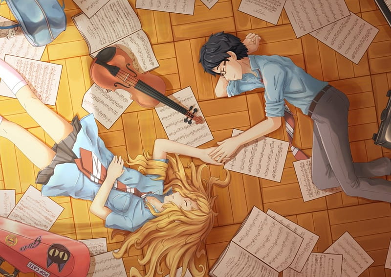 Shigatsu Wa Kimi No Uso, guy, music, butterflies, sky, clouds