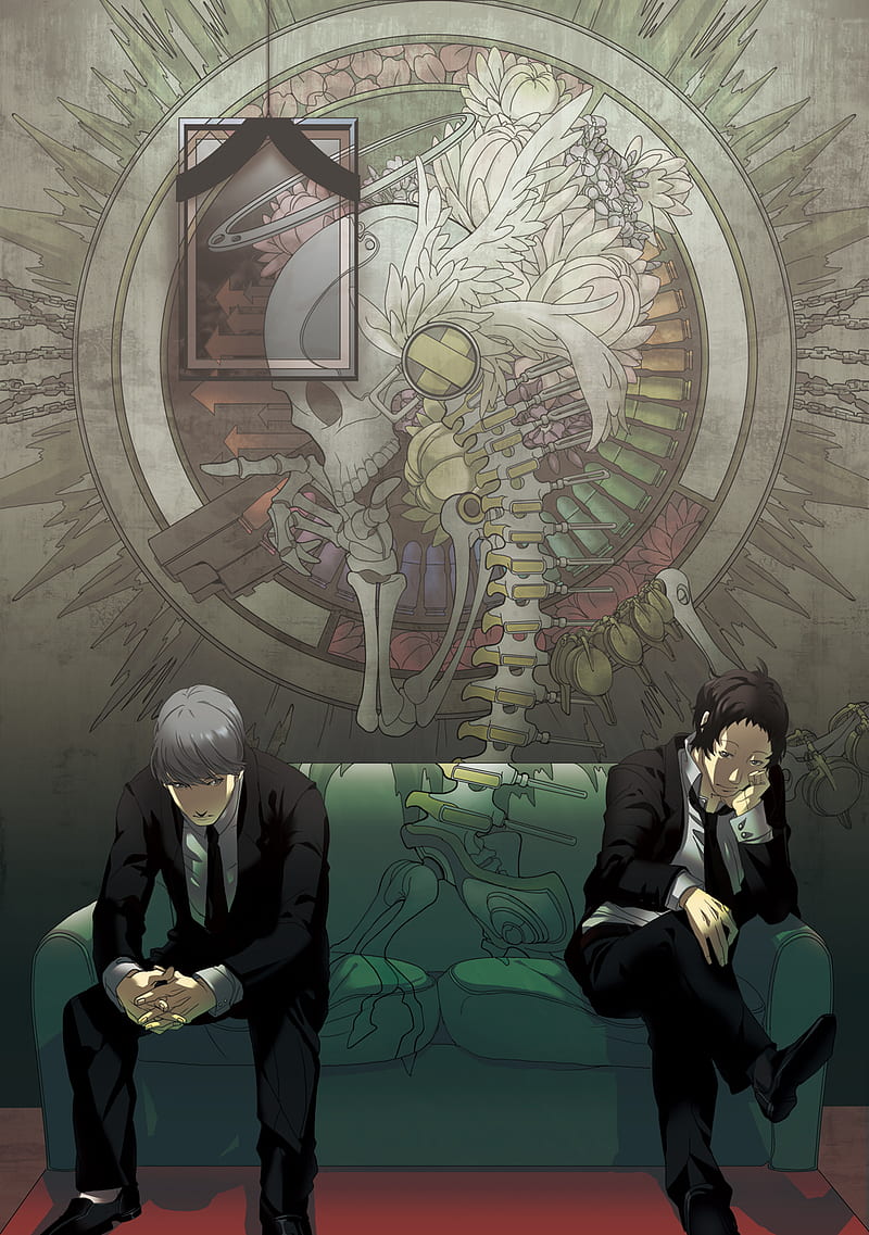 Persona 4, Narukami Yu, Adachi Tohru, skull, Persona series, anime, HD phone wallpaper