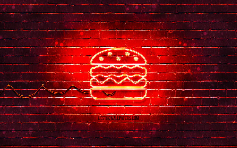 Burger neon icon red background, neon symbols, Burger, creative, neon icons, Burger sign, food signs, Burger icon, food icons, HD wallpaper