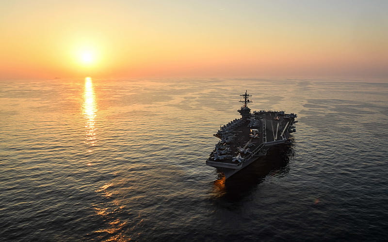 USS Theodore Roosevelt ocean, CVN-71, aircraft carrier, sunset, US Nawy, HD wallpaper