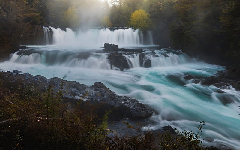 beautiful waterfall, morning, mountain river, sunrise, fog, autumn, forest, HD wallpaper