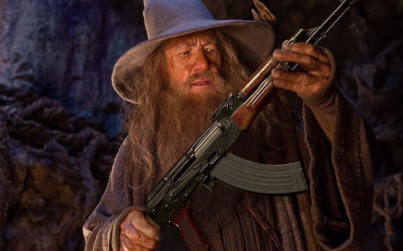 Gandalf's new Boomstick, ak 47, assault rifle, Gandalf, bonito, tolkien gun SkyPhoenixX1, Kalashnikov, weapon, boomstick, hobbit, abstract, wizard, lotr, funny, HD wallpaper