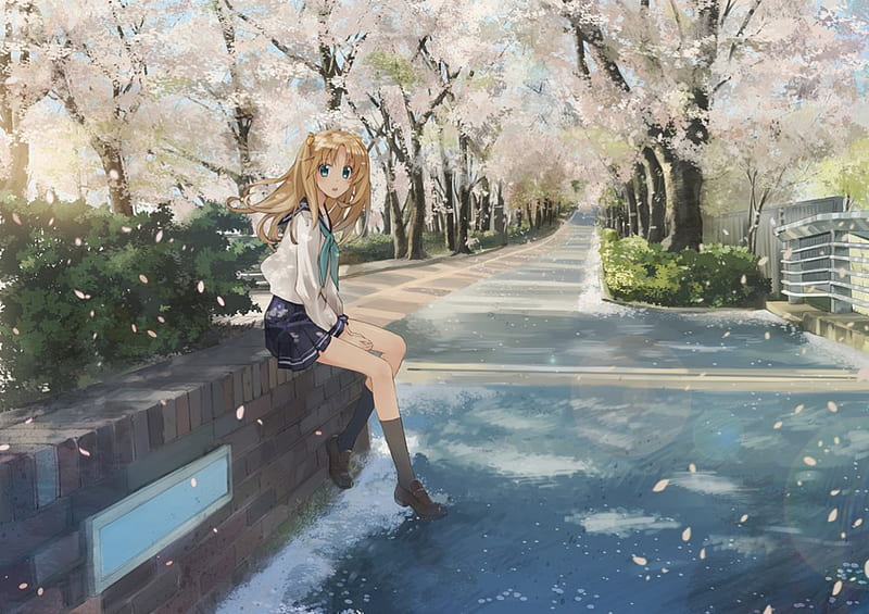 Waiting with Falling Cherry Blossoms, School Uniform, Anime Scenery ...