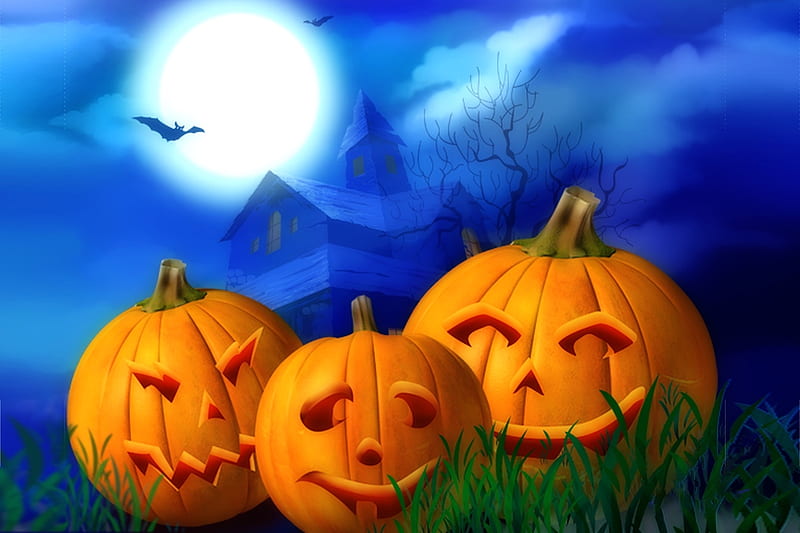 Happy pumpkins, cute, autumn, Moon, orange, halloween, Pumpkins, blue, HD wallpaper
