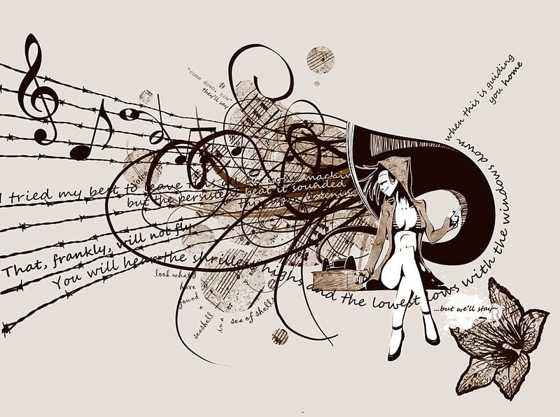 Songlines, text, music, notes, sketch, sentence, fantasy, song, girl, drawing, painting, lines, tune, HD wallpaper