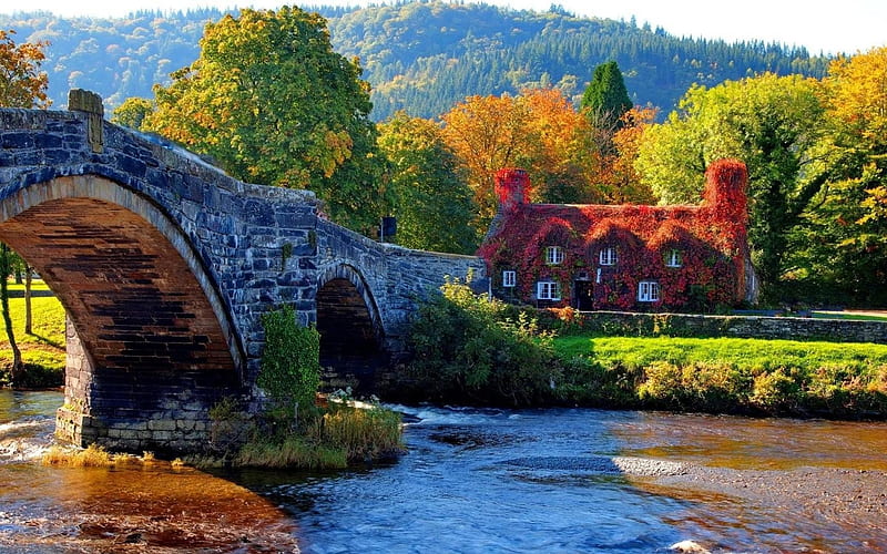 Autumn in Llanrwst - Wales, United Kingdom, Arch bridge, Waterway, Bridge, River, Tourist attractions, HD wallpaper