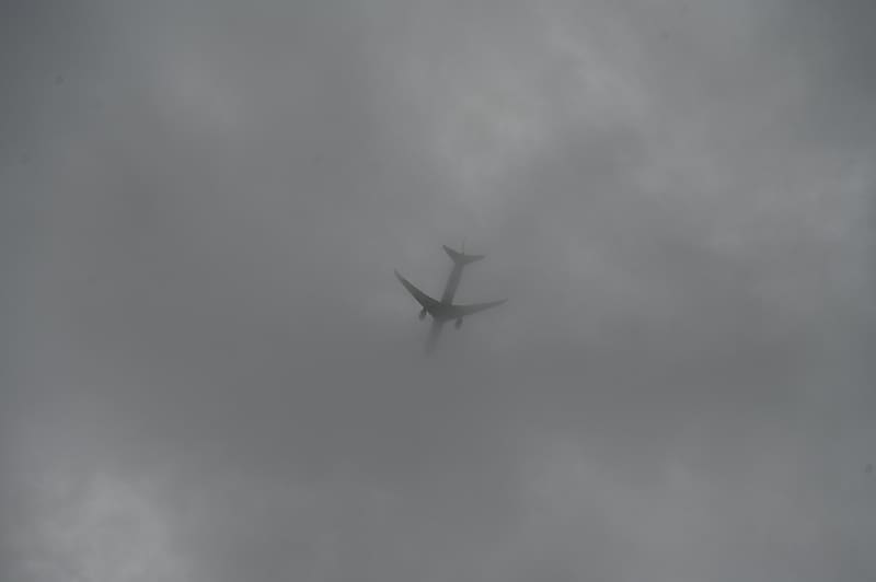 airplane, sky, clouds, dark, black and white, HD wallpaper