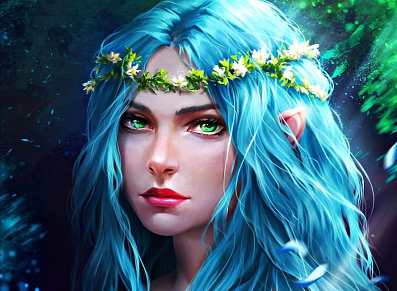 Fantasy elf, art, hair, girl, blue, digital, HD wallpaper