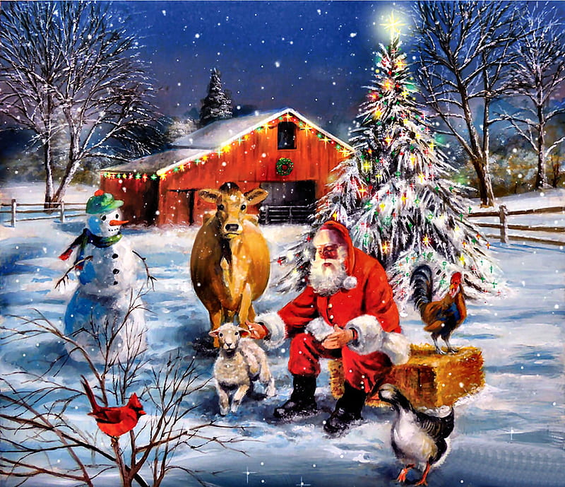 Santa at the Farm F, Christmas, December, bonito, illustration, artwork, painting, wide screen, scenery, cows, rooster, art, holiday, Santa, goose, winter, sheep, snow, occasion, HD wallpaper