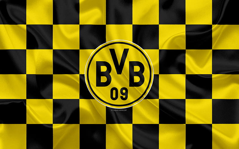 Borussia Dortmund, BVB logo, creative art, yellow black checkered flag, German football club, Bundesliga, emblem, silk texture, Dortmund, Germany, football, HD wallpaper