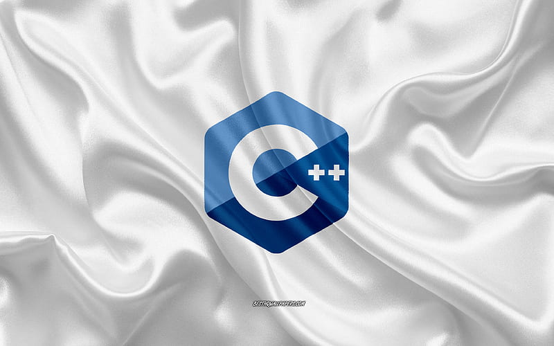 C++ logo, white silk texture, C++ emblem, programming language, C++, silk background, HD wallpaper