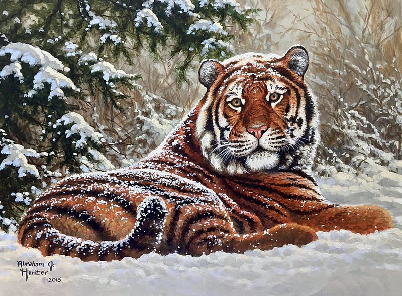 Tiger in Snow, painting, resting, cat, artwork, winter, prefator, HD wallpaper