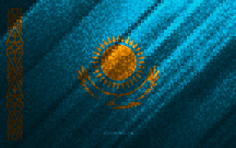 Flag of Kazakhstan, multicolored abstraction, Kazakhstan mosaic flag, Europe, Kazakhstan, mosaic art, Kazakhstan flag, HD wallpaper