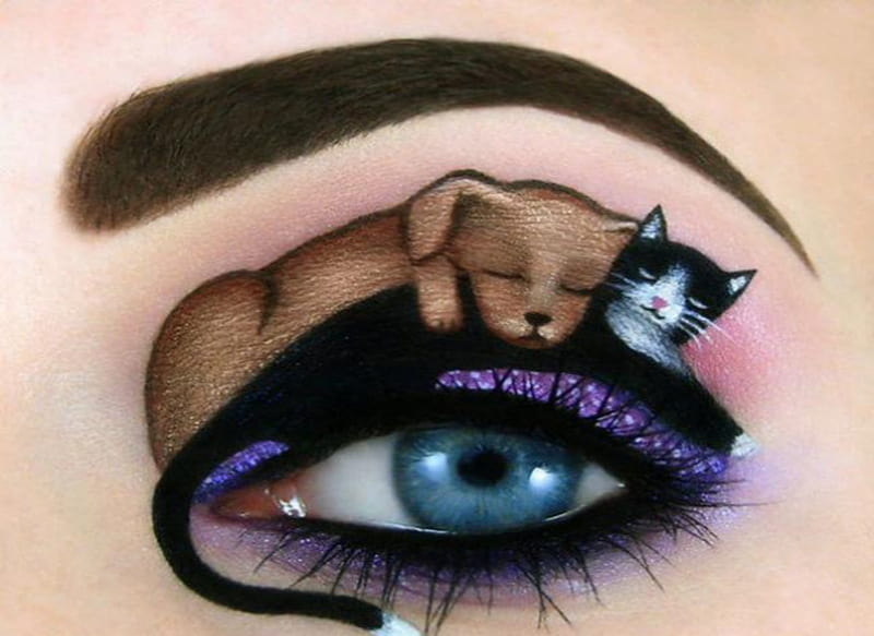 Buddies Eye Art, Kitten, Brows, Eye, Puppy, Woman, Art, HD wallpaper