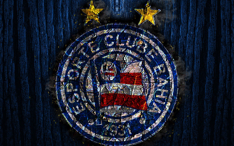 Bahia FC, scorched logo, Brazilian Seria A, blue wooden background, brazilian football club, EC Bahia, grunge, football, soccer, Bahia logo, fire texture, Brazil, HD wallpaper