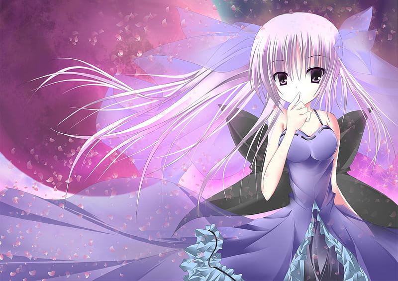 Anime Girl, ribbon, black, blonde, girl, purple, anime, petals, frills, long hair, pink, HD wallpaper