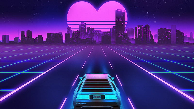 Blue Neon Car On Road With Heart Symbol Vaporwave, HD wallpaper