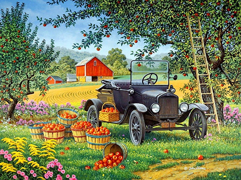 Pick your own, pretty, autumn, house, cottages, grass, bonito, barn, countryside, farm, nice, car, painting, path, flowers, rural, art, rustic, lovely, time, apples, pick, tree, plenty, HD wallpaper