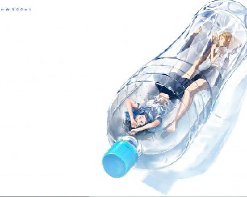 Sleeping in a Bottle of Wate!!, wet, bottle, sleeping in a bottle of water, brown hair, sleeping, unifrom, cute, water, blue hair, anime, unifroms, HD wallpaper