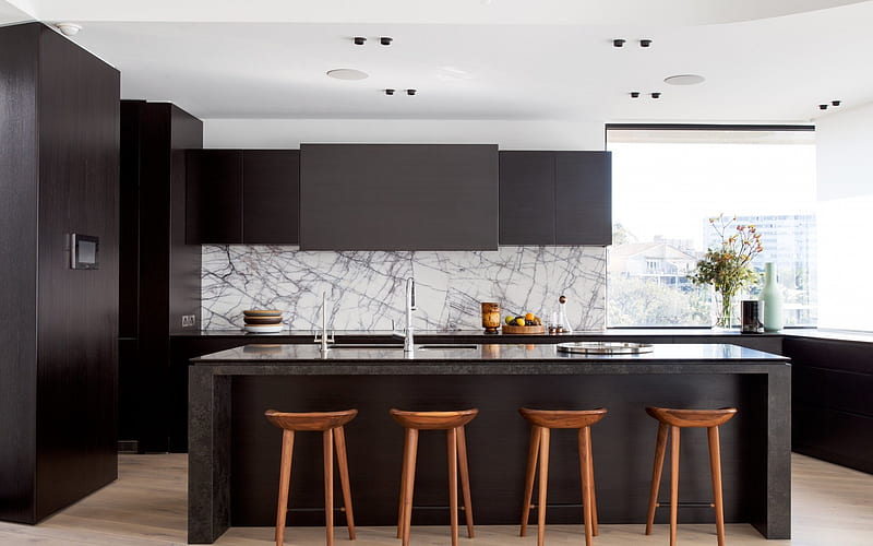 stylish kitchen, modern interior design, minimalism, dark kitchen furniture, HD wallpaper