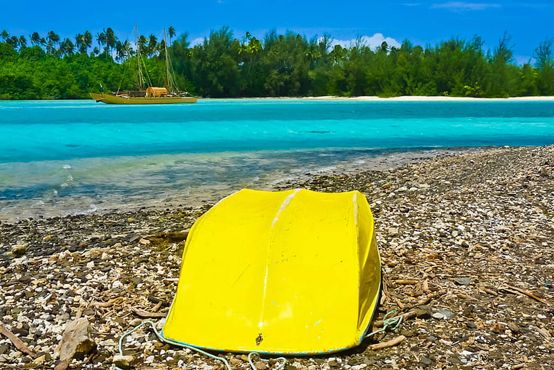 Yellow Boat in Rarotonga South Pacific, polynesia, rarotonga, french, yellow, sea, beach, lagoon, sand, boat, south pacific, blue, exotic, islands, ocean, one foot, paradise, island, tropical, fiji, HD wallpaper