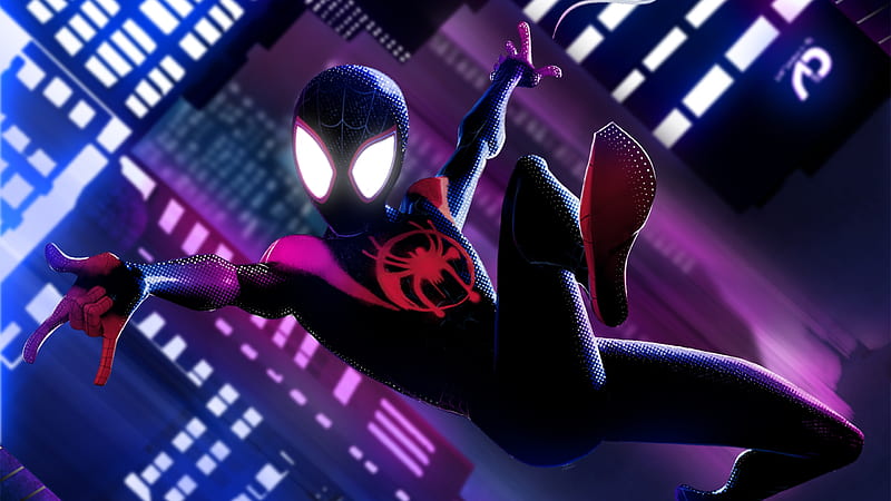 spider-man: into the spider-verse, miles morales, animation, jumping, buildings, neon, Movies, HD wallpaper