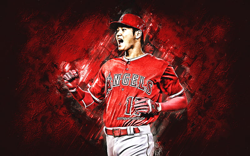 Shohei Ohtani, Los Angeles Angels, MLB, Japanese baseball player, portrait, red stone background, USA, baseball, Major League Baseball, HD wallpaper