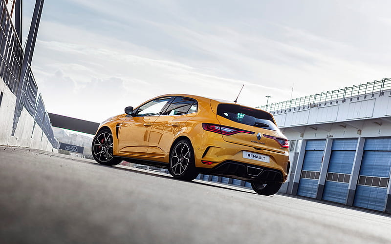 2019, Renault Megane RS Trophy, rear view, exterior, tuning, new yellow Megane, racing track, Renault, HD wallpaper