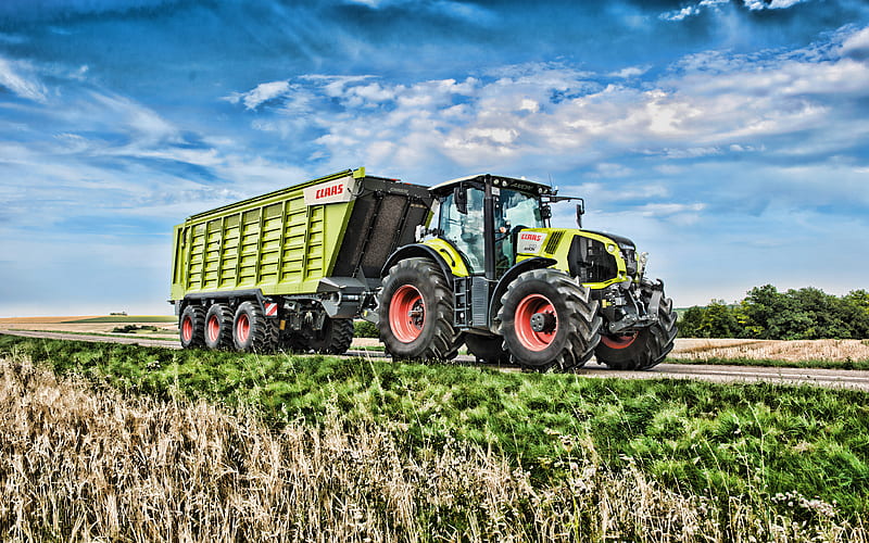 Claas Axion 850, crop transportation, 2019 tractors, agricultural machinery, R, tractor on road, agriculture, harvest, Claas, HD wallpaper