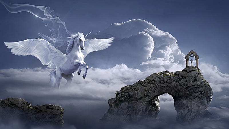 Pegasus, rocks, unicorn, flying horse, man, horse, sky, clouds, mythology, sea, fantasy, arch, Firefox Persona theme, HD wallpaper