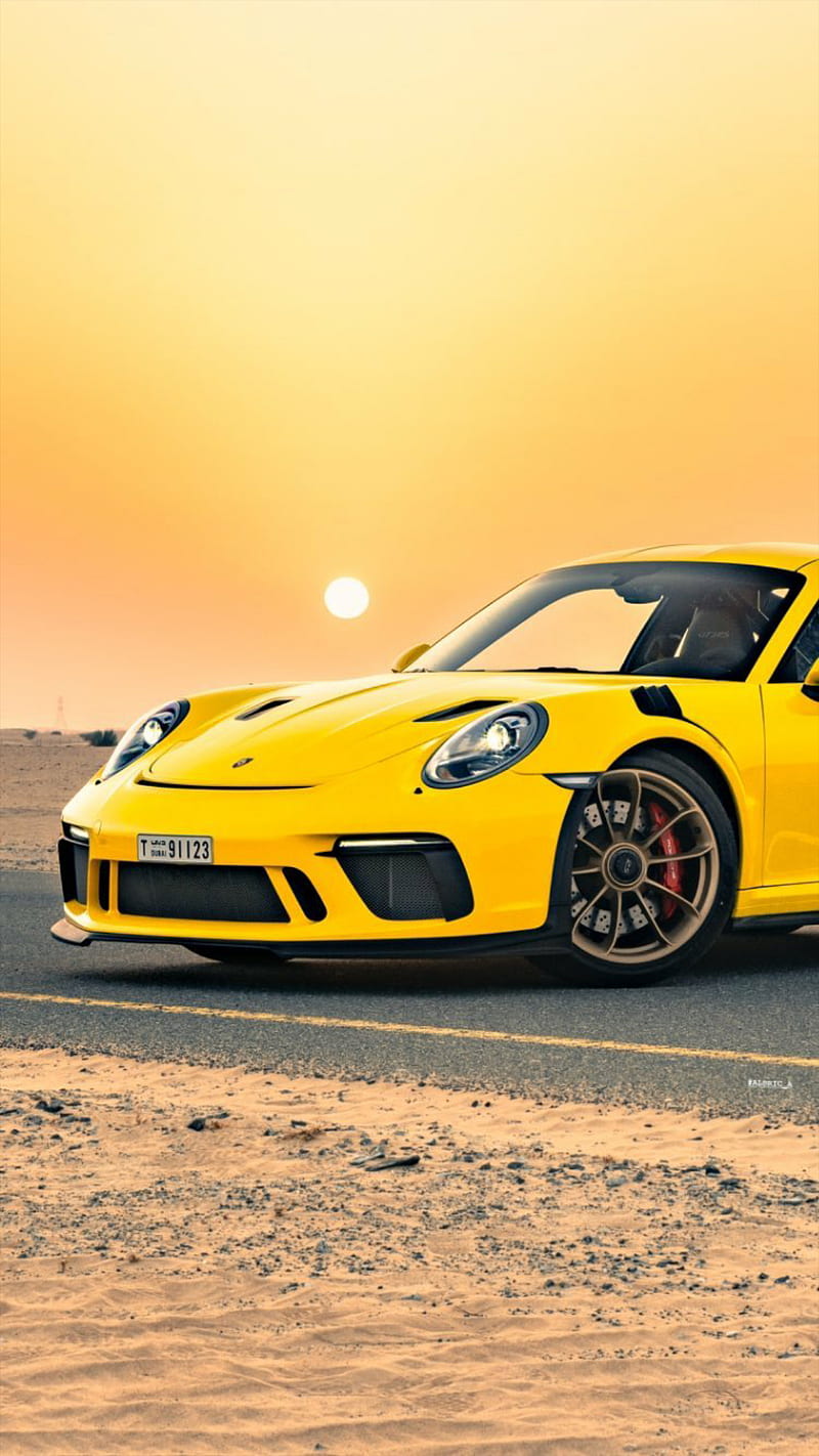 2019 Porsche , porsche, yellow, car, supercar sports, dubai, new, sunset, 2019, HD phone wallpaper