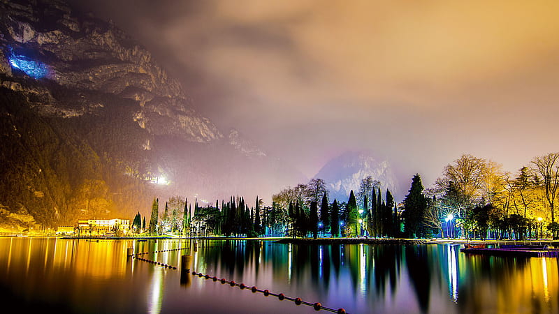 Beautiful View Of Trees Lights Reflection On Water Mountains Background  Under Clouds Sky Lock Screen, HD wallpaper | Peakpx