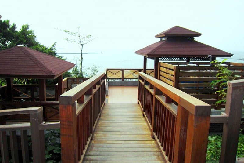 Observation deck, wooden railing, tree, sea, HD wallpaper