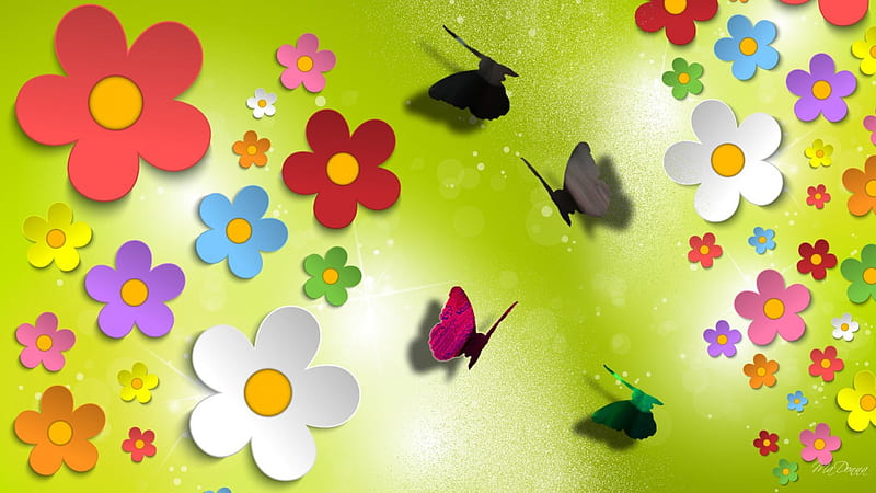 Colorful Flower Garden, cut out, butterflies, spring, floral, lime, 3D, green, summer, flowers, shadows, paper, HD wallpaper