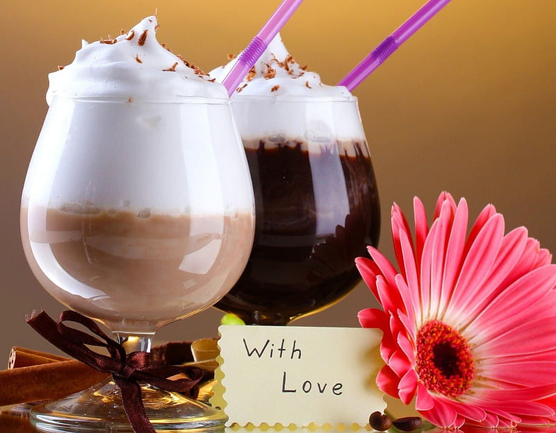 With love, cocktail, coffee bean, tasty, note, flower, drink, petals, letter, HD wallpaper