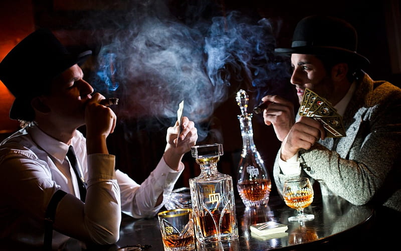 A Game of Cards, hats, class, glasses, game, play, alcohol, cards, men, cigar, drink, smoke, HD wallpaper