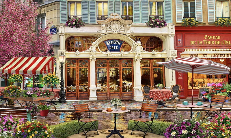 Majestic Cafe, Flowers, Quaint, outdoor dining, Cafe, european, buildings, HD wallpaper