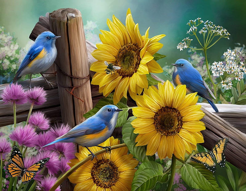 Songbirds and sunflowers, sunflower, blue, art, yellow, vara, green, bird, pasari, painting, summer, pictura, pink, HD wallpaper